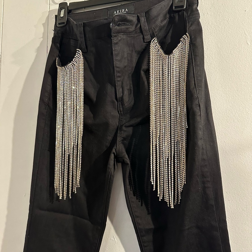 AKIRA Black Jeans with Silver Rhienstone Fringe Detail - Picture 2 of 4